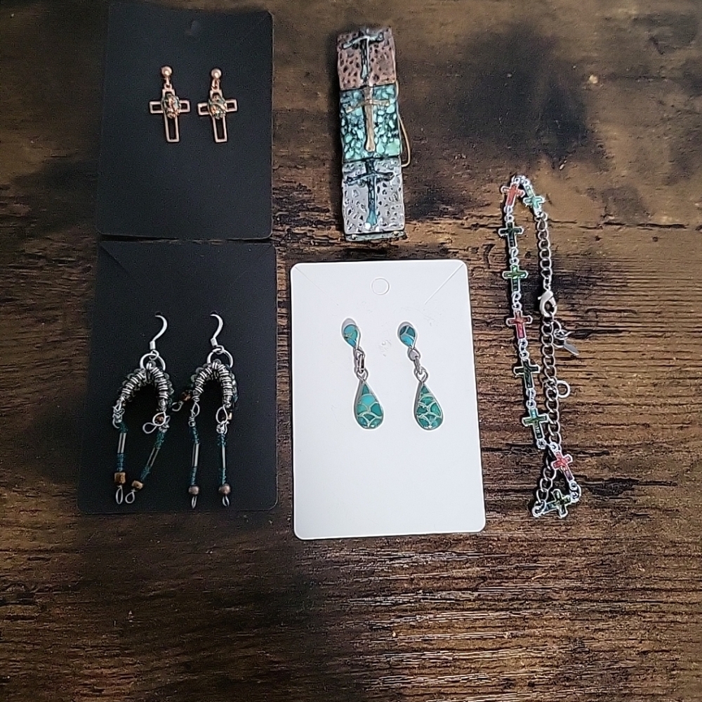 Jewlery Lot 5 - Teal, Goldtone, and Cross  Themed